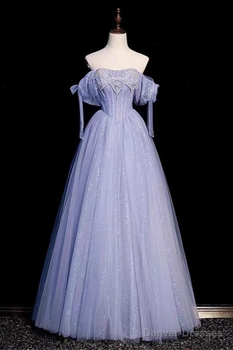 A-line Blue Sweetheart Neck Tulle Long Prom Dress, Blue Formal Evening Dresses Secondary image