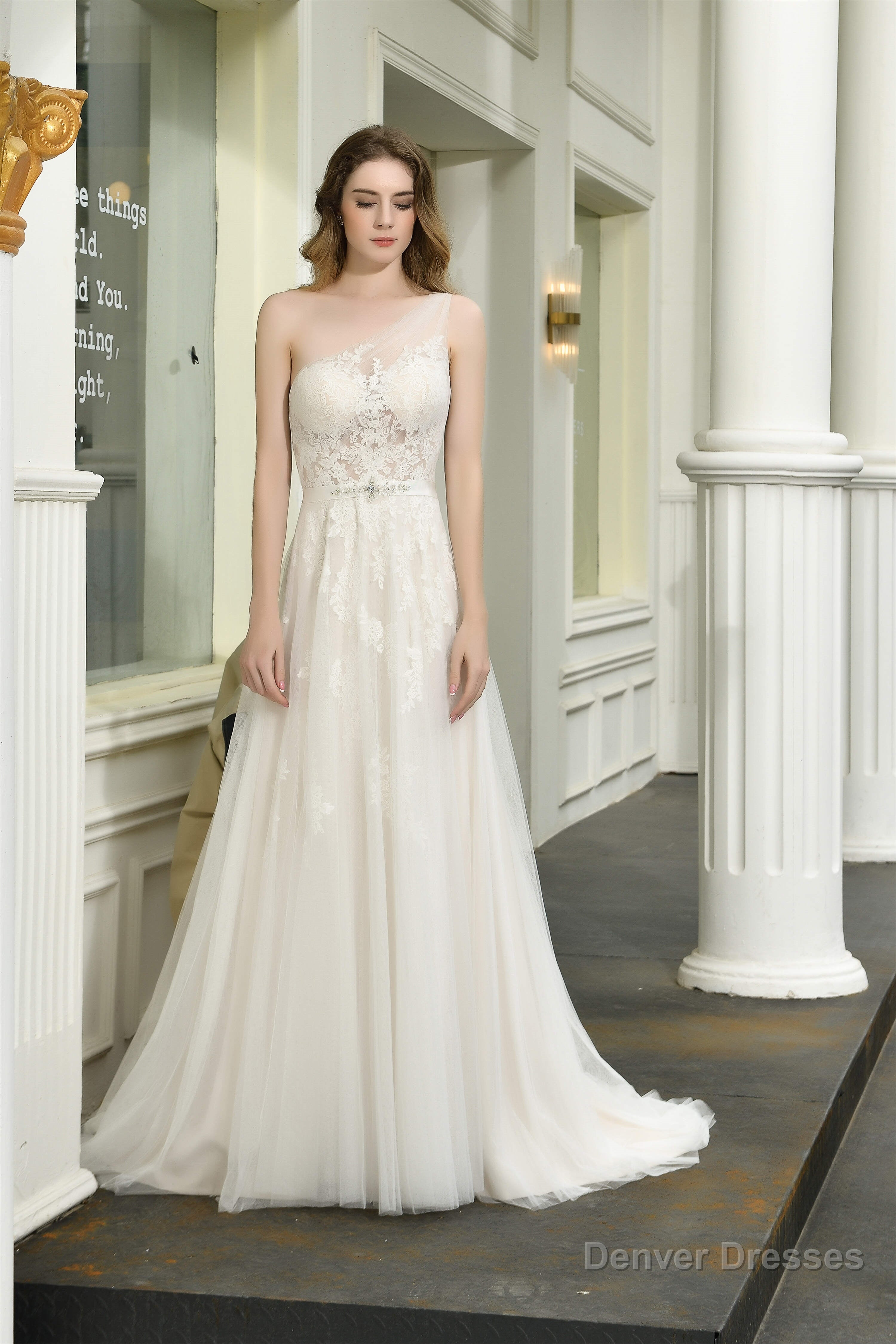 Illusion Lace One Shoulder Tulle Wedding Dresses With Sweep Train Main image