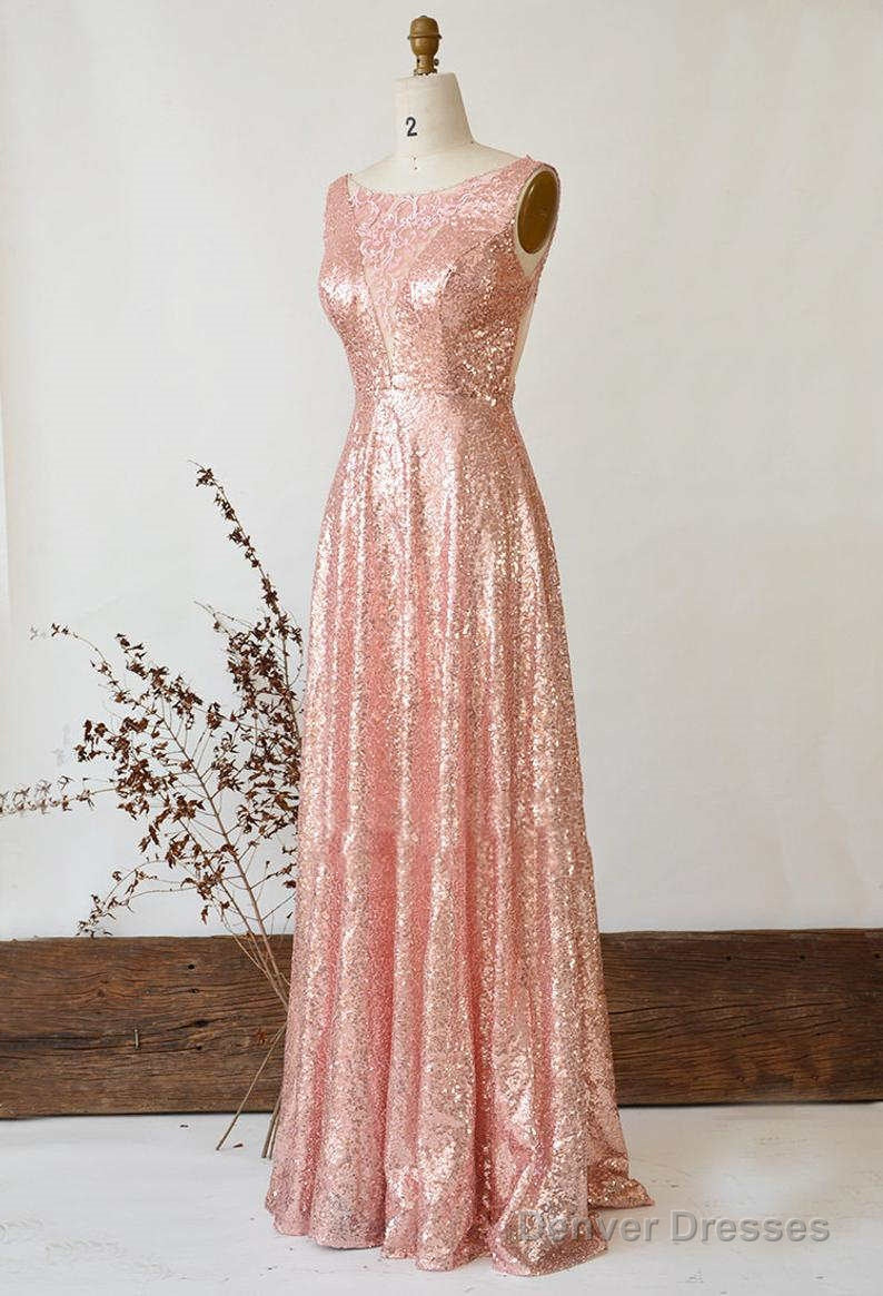 Illusion Lace V-Neck Gose Gold Sequined Bridesmaid Dress Secondary image