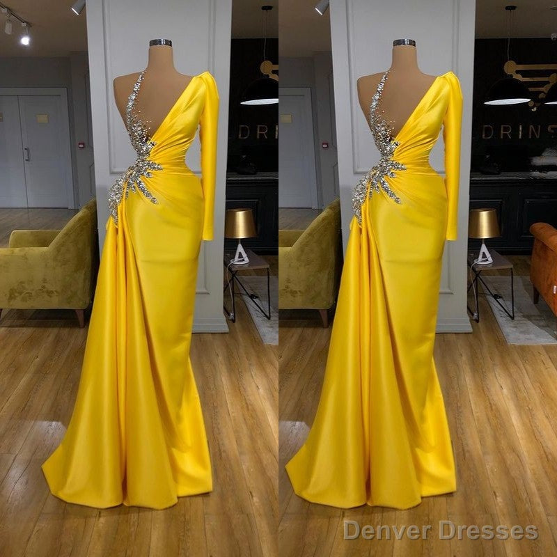 Illusion neck Bright Yellow One shoulder Bubble Sleeves Prom Dress