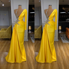Illusion neck Bright Yellow One shoulder Bubble Sleeves Prom Dress