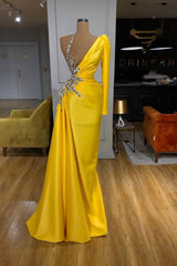 Illusion neck Bright Yellow One shoulder Bubble Sleeves Prom Dress