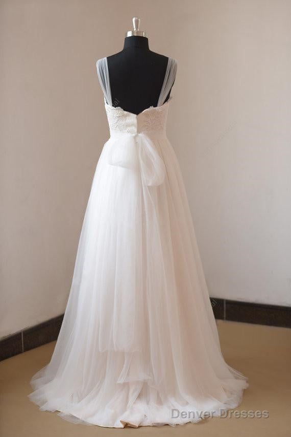 Illusion Neckline Lace Appliques Ivory Tulle Beach Wedding Dress Secondary image