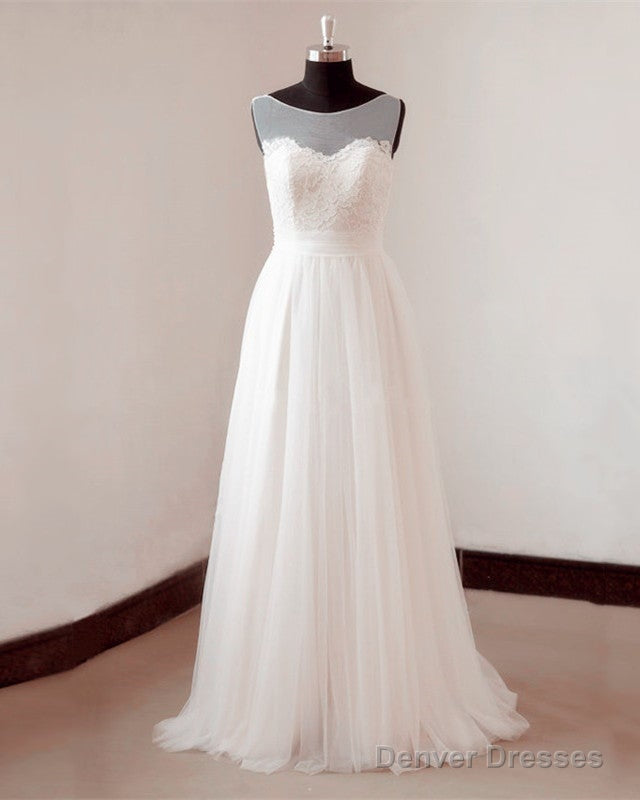Illusion Neckline Lace Appliques Tulle Beach Wedding Dress Main image