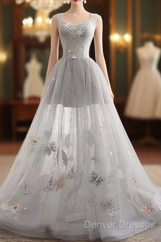 Illusion Tulle Short A-Line Gray Prom Dress,