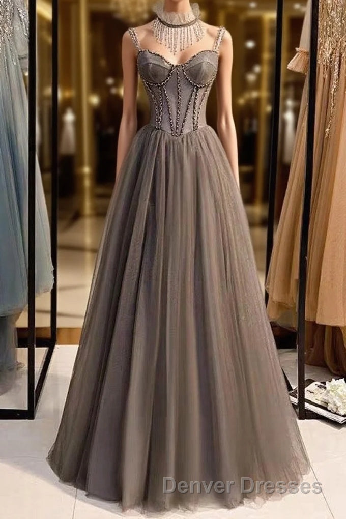 A-Line Prom Dress Open Back Dress Formal Wedding Party Floor Length Sleeveless Spaghetti Strap Tulle with Pleats Main image