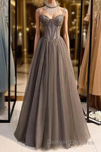 A-Line Prom Dress Open Back Dress Formal Wedding Party Floor Length Sleeveless Spaghetti Strap Tulle with Pleats
