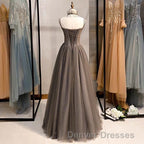A-Line Prom Dress Open Back Dress Formal Wedding Party Floor Length Sleeveless Spaghetti Strap Tulle with Pleats