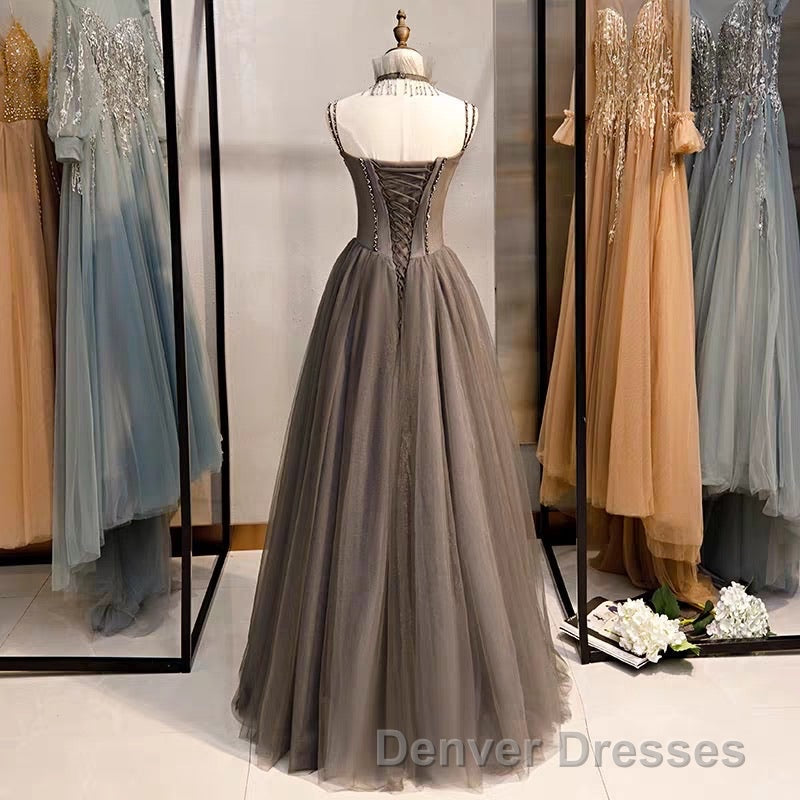 A-Line Prom Dress Open Back Dress Formal Wedding Party Floor Length Sleeveless Spaghetti Strap Tulle with Pleats
