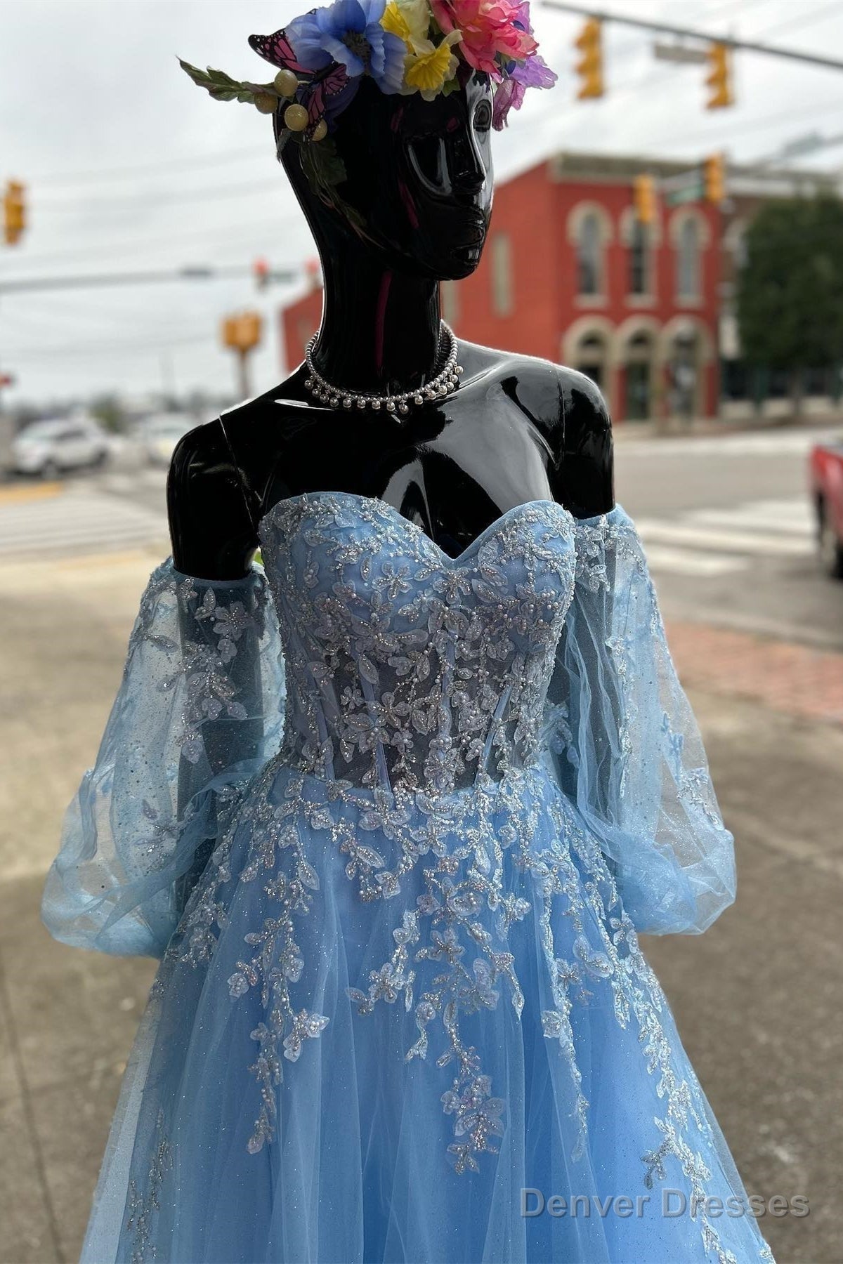 Blue Floral Lace Sweetheart A-Line Prom Gown with Sleeves Secondary image