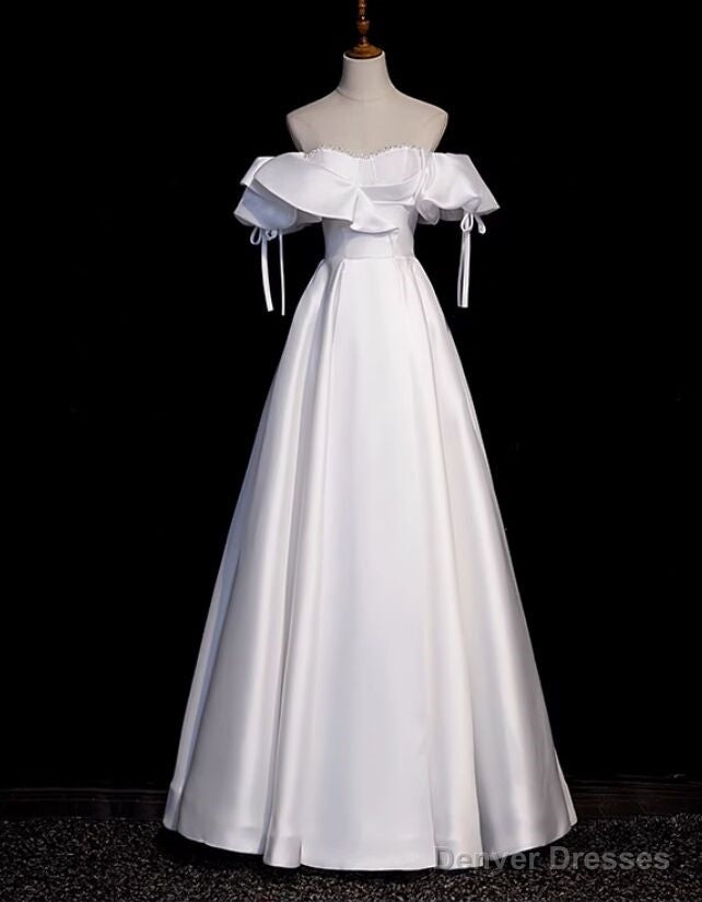 Impressive White Satin Off the Shoulder Beading Prom Dress Main image