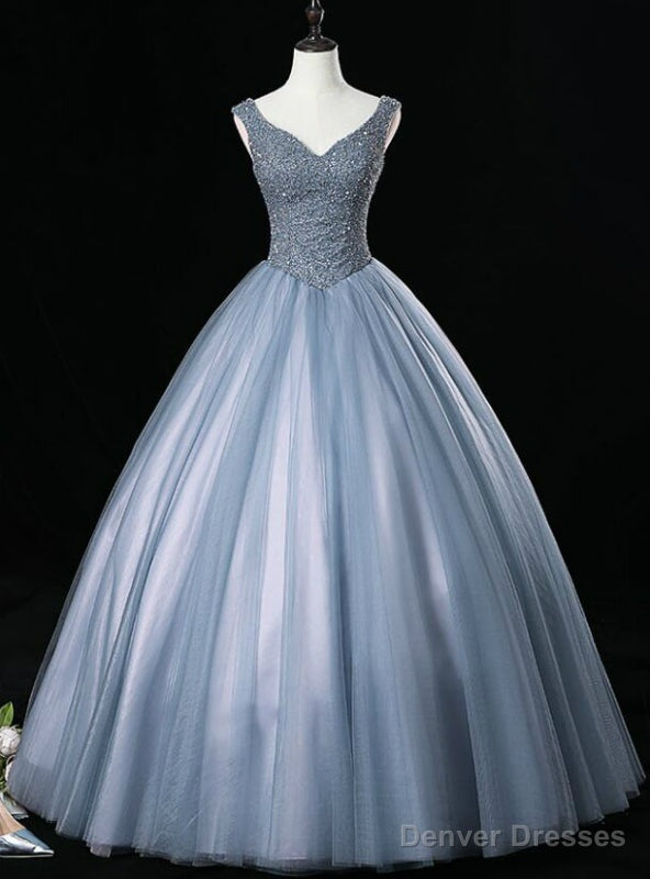 In One Step Gray Blue Ball Gown Tulle V-neck Sleeveless Quinceanera Dresses Main image