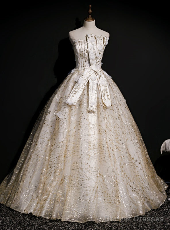 Individually Cut Gold Ball Gown Tulle Sequins Strapless Quinceanera Dress With Veil Main image