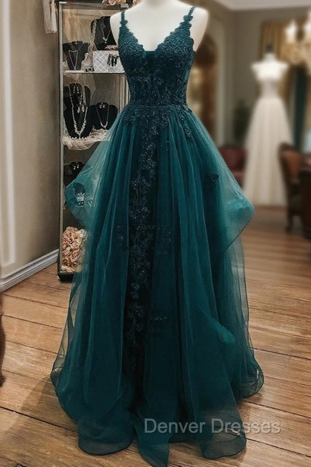 Ink Blue Prom Dress, A-line V Neck Sleeveless Lace Tulle Long/Floor-Length Prom Dress With Beading Main image