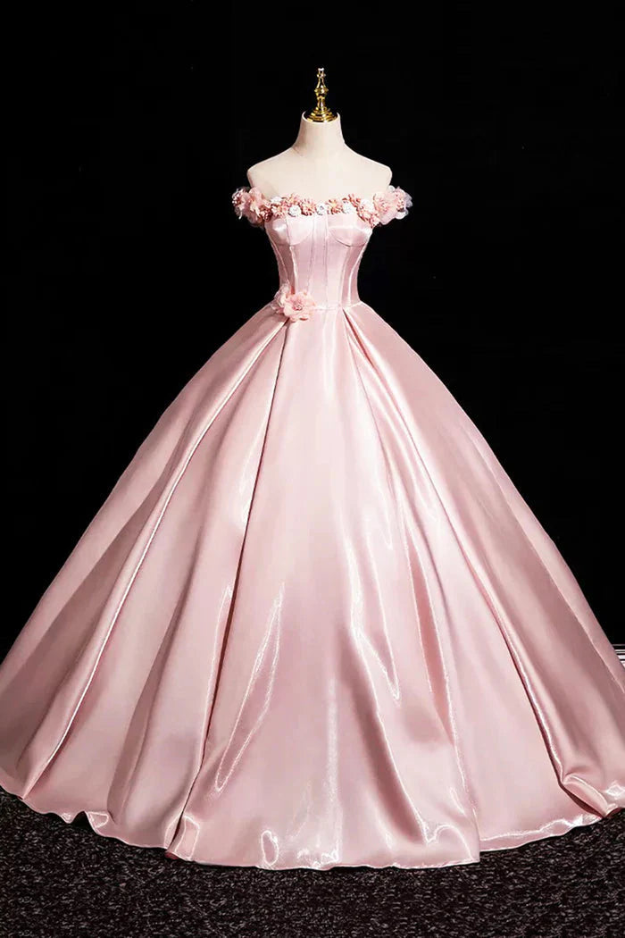 Pink A-Line Off Shoulder Satin Long Prom Dress, Beautiful A-Line Off The Shoulder Party Dress Main image
