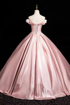 Pink A-Line Off Shoulder Satin Long Prom Dress, Beautiful A-Line Off The Shoulder Party Dress