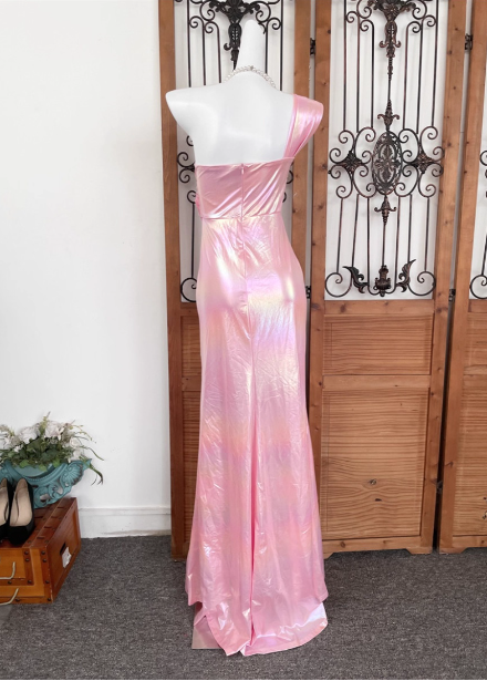Iridescent Pink Mermaid One-Shoulder 3D Floral Slit Satin Long Prom Dress Evening Dress