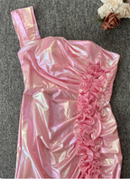 Iridescent Pink Mermaid One-Shoulder 3D Floral Slit Satin Long Prom Dress Evening Dress
