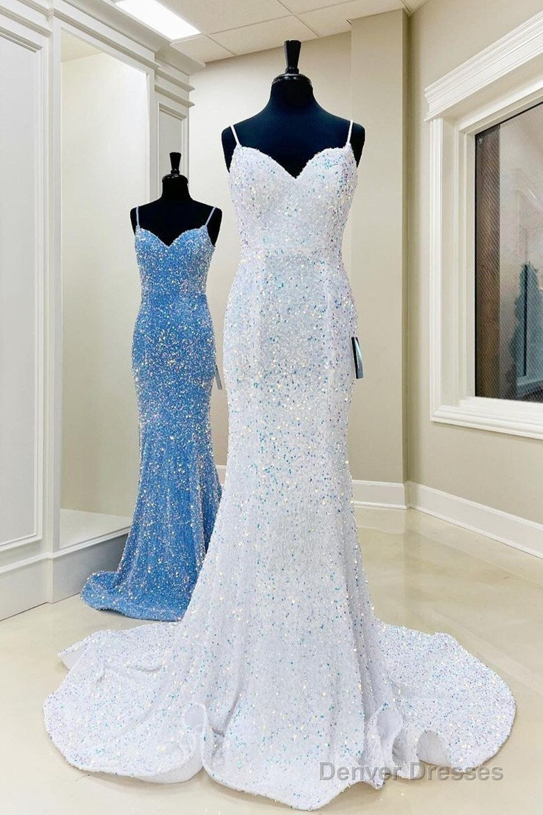 Iridescent Sequin White Prom Dresses Mermaid Long Formal Dress Spaghetti Straps Main image