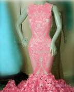 Iridescent Sequins Pink Rosette Mermaid Prom Dress