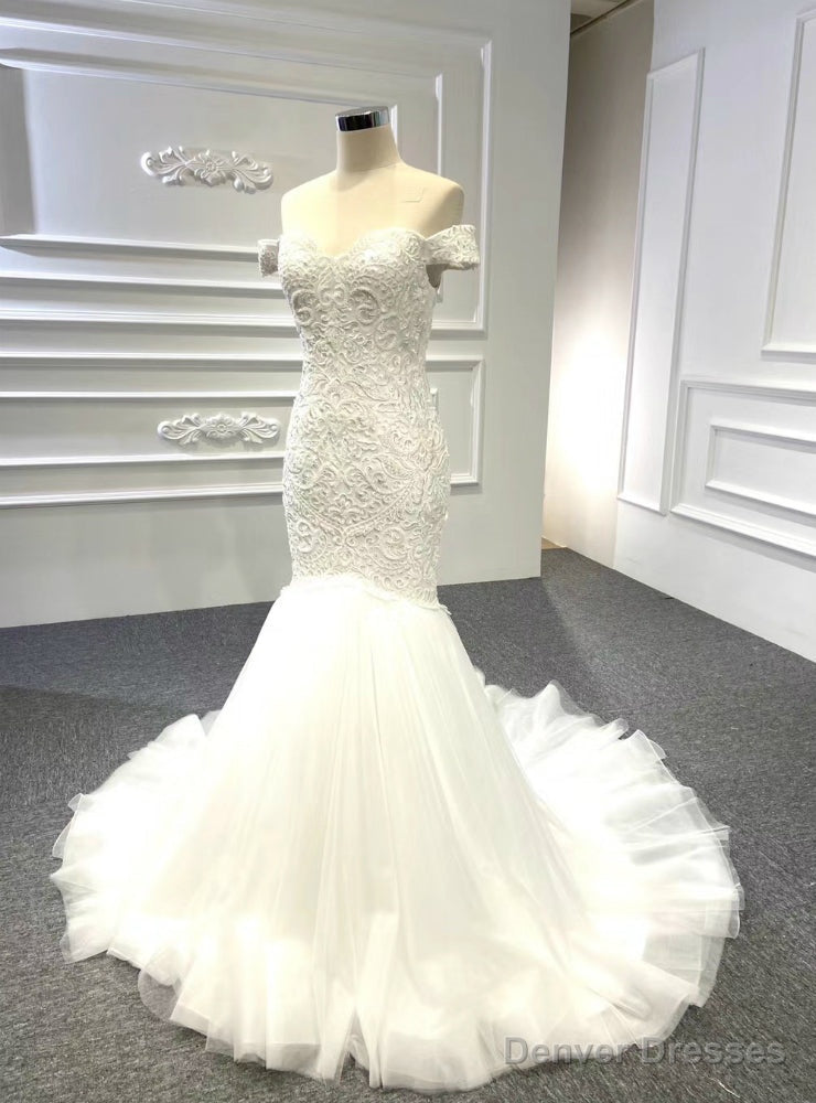 Is Now Available.White Mermaid Tulle Off the Shoulder Embroidery Beading Wedding Dress Main image