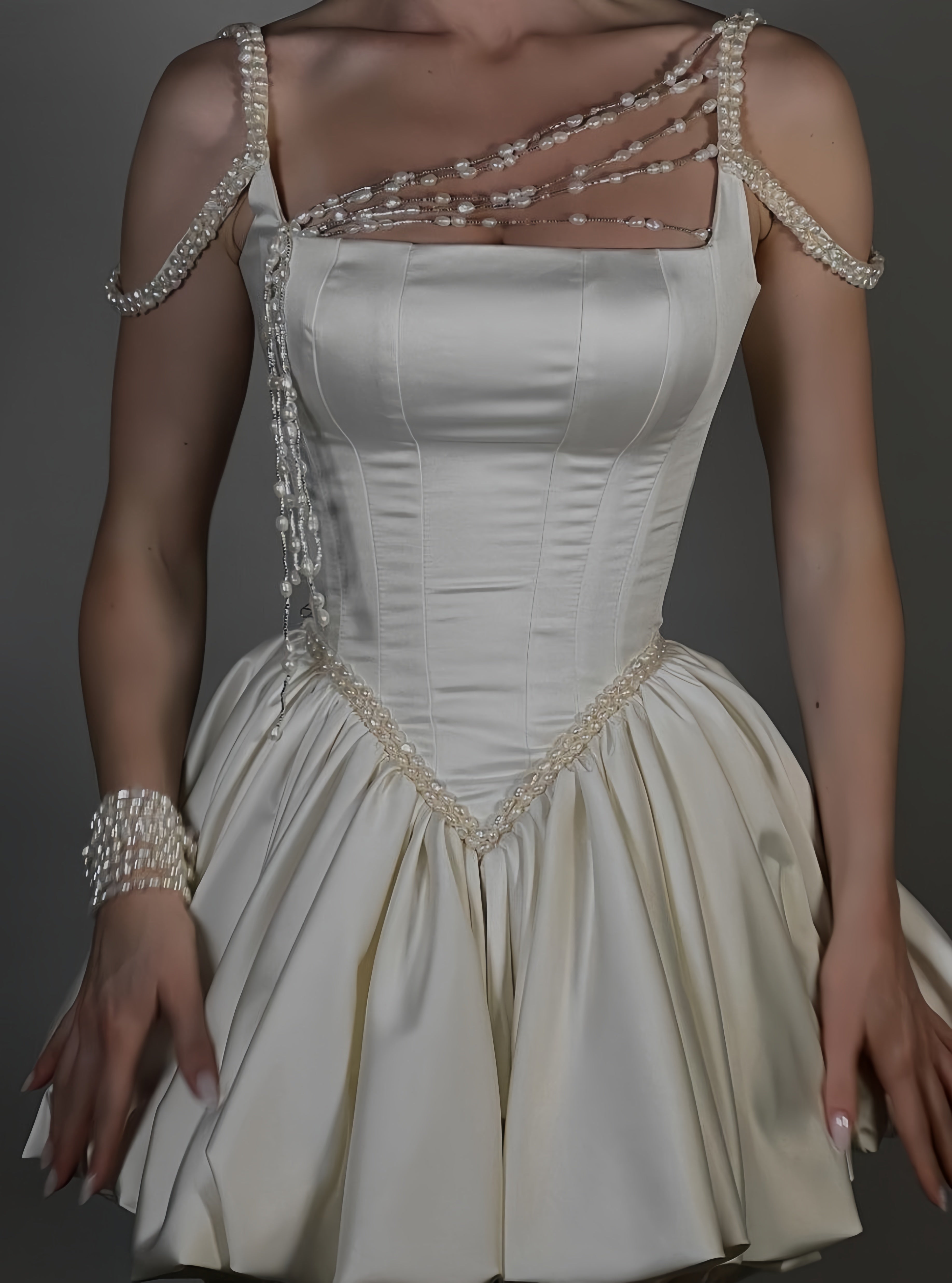 Ivory A-Line Pearl Satin Homecoming Dress Mini Prom Bridal Dress, Main image