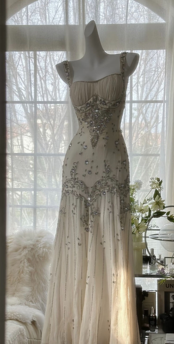 Ivory A Line Straps Beaded Chiffon Long Prom Dress Graduation Prom Dress Main image