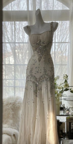 Ivory A Line Straps Beaded Chiffon Long Prom Dress Graduation Prom Dress