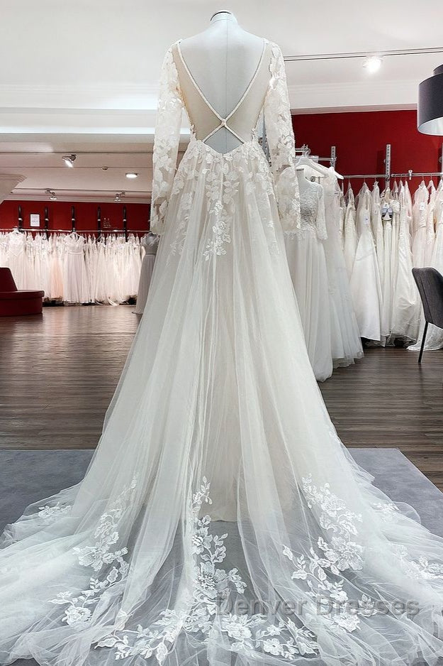 Ivory A-line Tulle Long Sleeves Lace Appliques Open Back Wedding Dress Secondary image