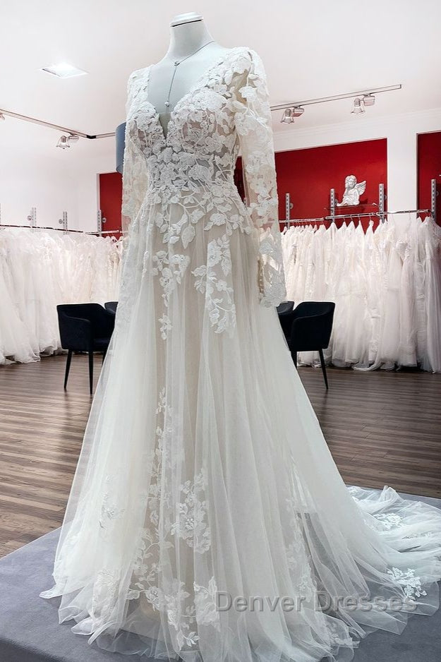 Ivory A-line Tulle Long Sleeves Lace Appliques Open Back Wedding Dress