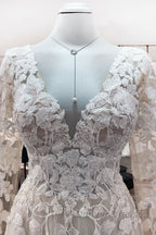 Ivory A-line Tulle Long Sleeves Lace Appliques Open Back Wedding Dress