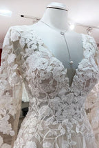 Ivory A-line Tulle Long Sleeves Lace Appliques Open Back Wedding Dress