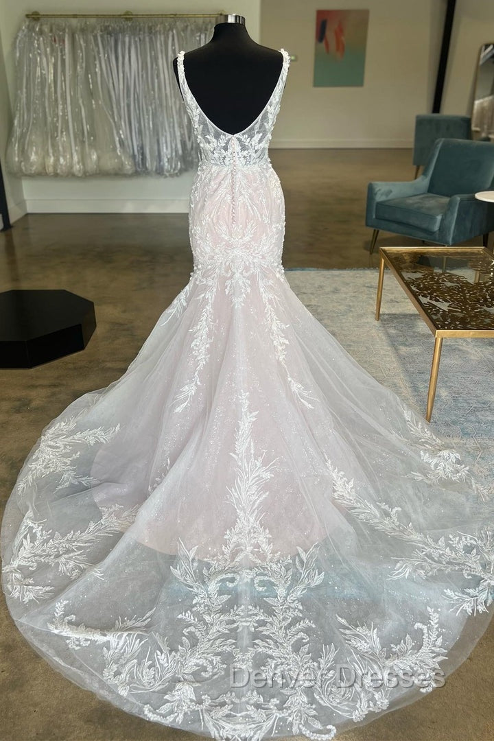Ivory Appliques Plunge V Trumpet Long Bridal Gown Sexy Secondary image