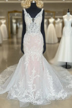 Ivory Appliques Plunge V Trumpet Long Bridal Gown Sexy