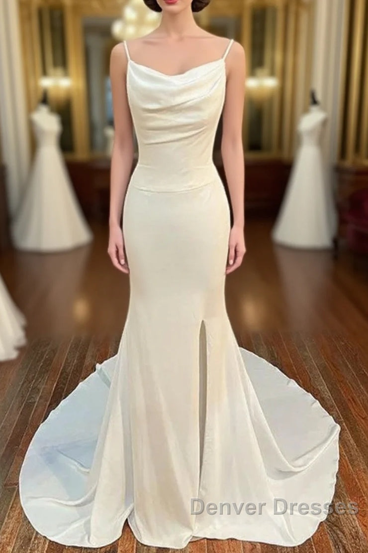 Ivory Cowl Neck Backless Mermaid Long Wedding Dress With Slit Main image