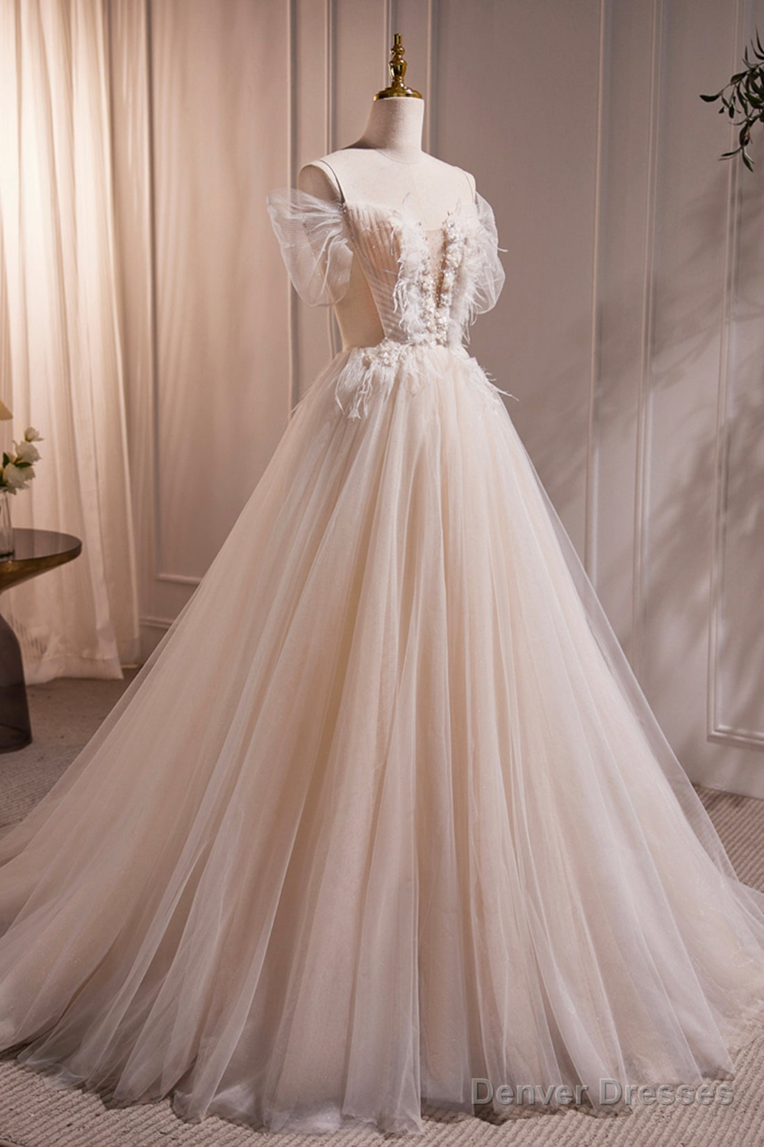 Ivory Floor Length Beaded Straps Prom Dress, Ivory Tulle Evening Dress Main image