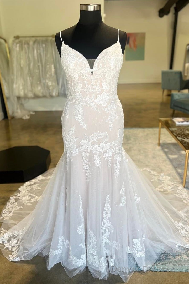 Ivory Floral Lace Plunge V Trumpet Long Bridal Gown Wedding Dresses Main image
