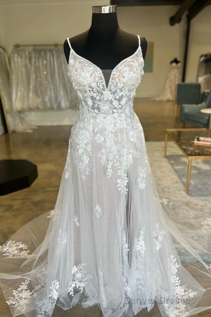 Ivory Floral Lace Spaghetti Strap Long Bridal Gown Wedding Dresses Main image