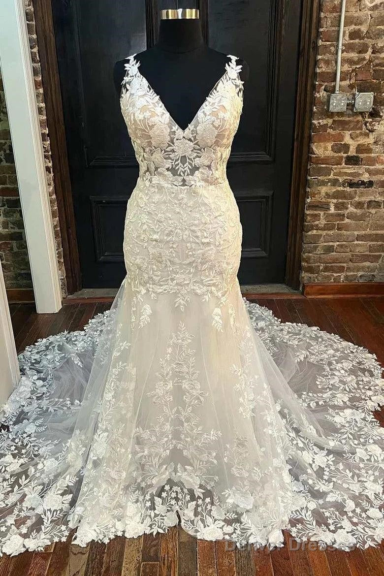 Ivory Floral Lace V-Neck Mermaid Long Wedding Dress Bridal Gown Main image
