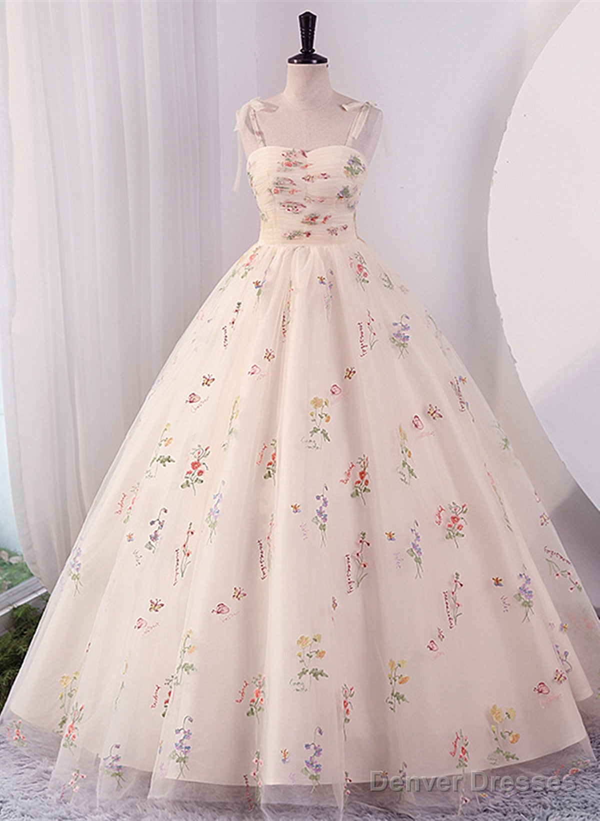 Ivory Floral Tulle Ball Gown Straps Sweet 16 Dress, Ivory Long Party Dress Formal Dress Secondary image