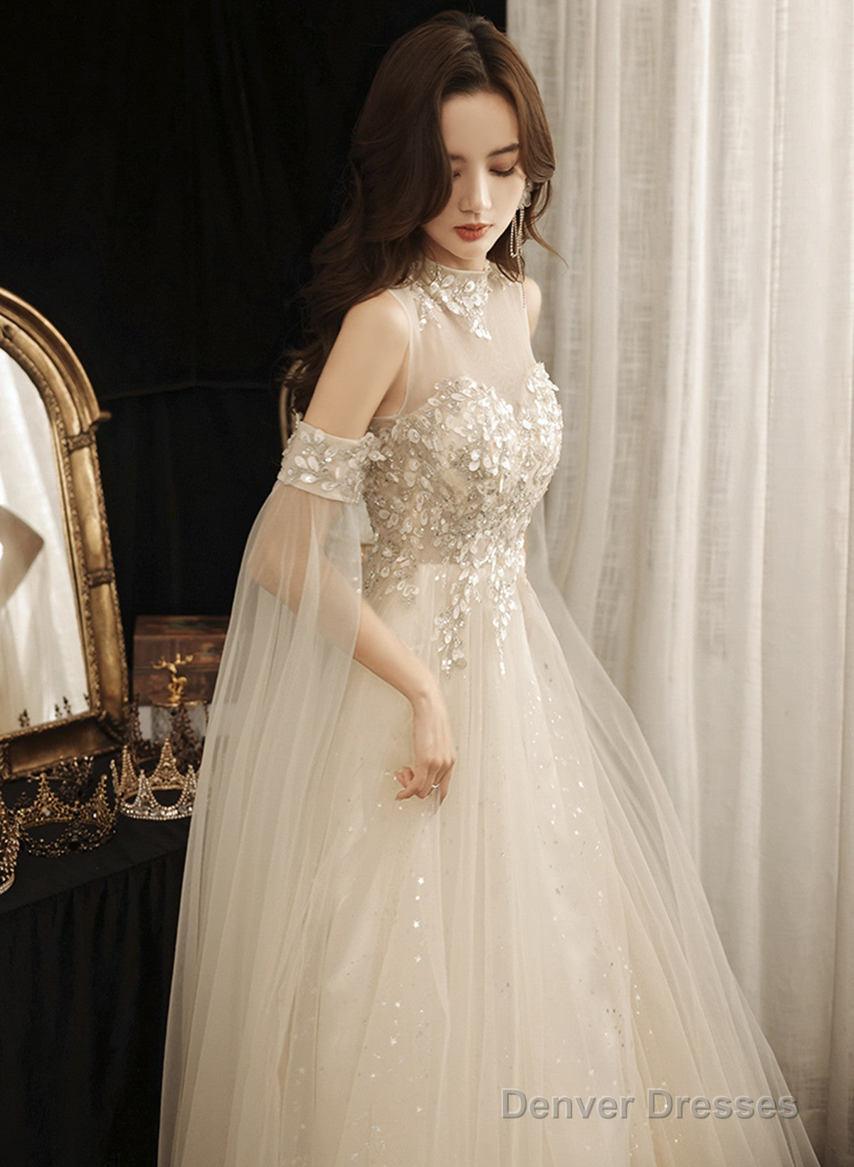 Ivory High Neckline Beaded Tulle A-Line Long Party Dress, Ivory Tulle Prom Dress Secondary image