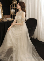Ivory High Neckline Beaded Tulle A-Line Long Party Dress, Ivory Tulle Prom Dress