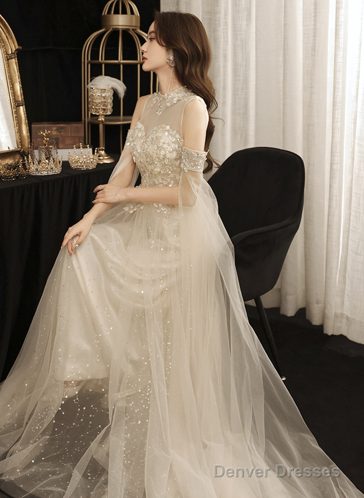 Ivory High Neckline Beaded Tulle A-Line Long Party Dress, Ivory Tulle Prom Dress