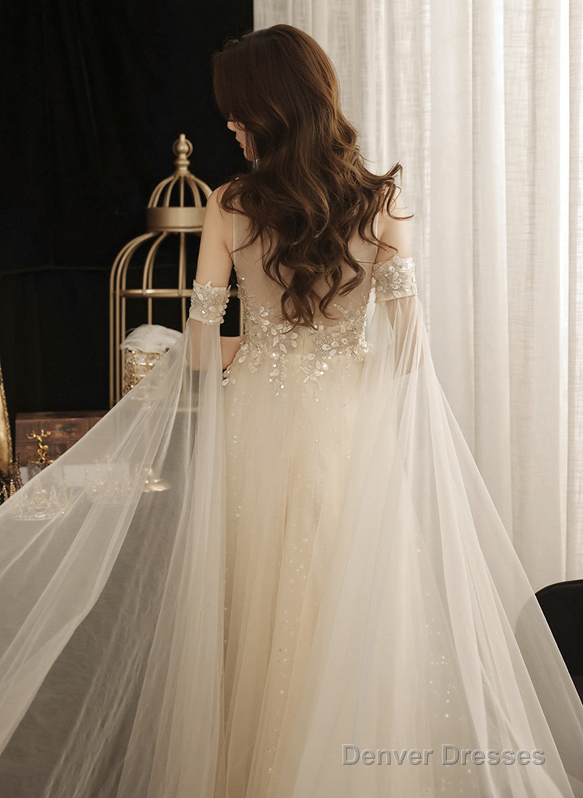 Ivory High Neckline Beaded Tulle A-Line Long Party Dress, Ivory Tulle Prom Dress