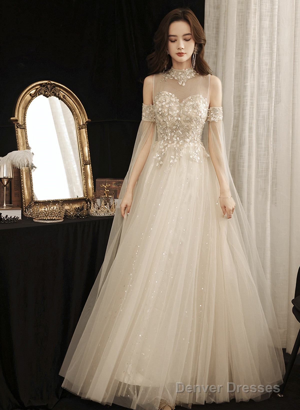 Ivory High Neckline Beaded Tulle A-Line Long Party Dress, Ivory Tulle Prom Dress Main image