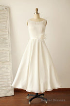 Ivory Illusion Boat Neck Tea Length Sleeveless Wedding Dresses