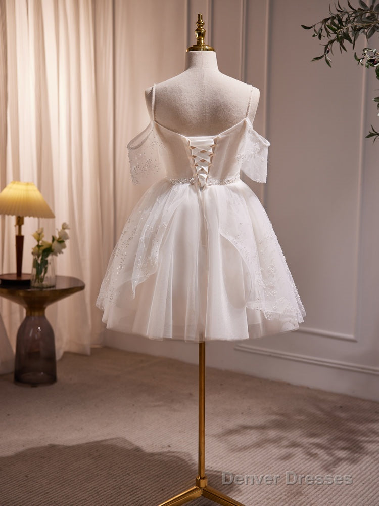 Ivory Knee Length V-Neckline Beaded Straps Party Dress, Ivory Homecoming Dress