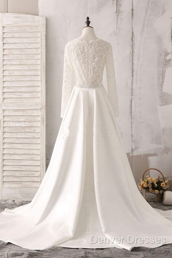 Ivory Lace And Satin V-Neck Long Sleeve Beaded Wedding Dress Secondary image