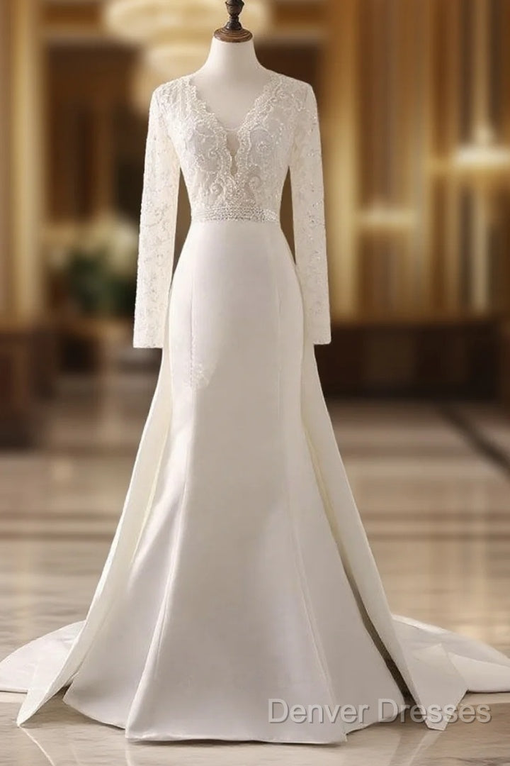 Ivory Lace And Satin V-Neck Long Sleeve Beaded Wedding Dress Main image