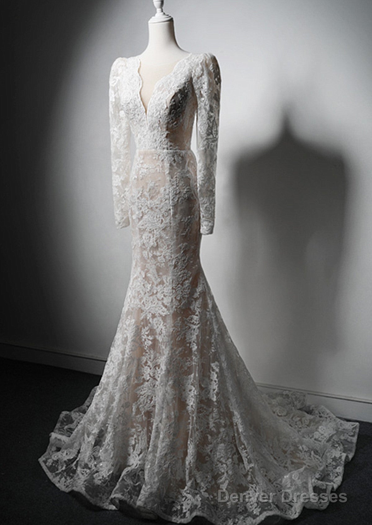 Ivory Lace Mermaid Long Sleeves Formal Dress, Lace Wedding Party Dress Secondary image